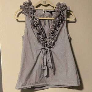 BCBGMaxAzria Gray and White Ruffle Blouse